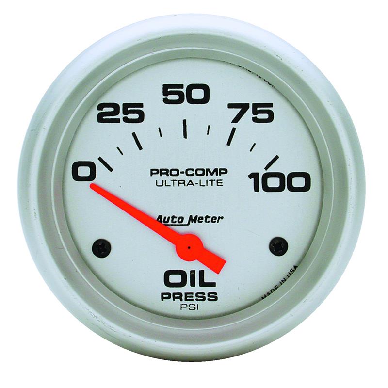 Ultra-Lite Series - Oil Pressure Gauge - Electric, Air-Core Movement - Incl Oil Sender Unit 2242 - Incl 3/8in NPT & 1/2in NPT Adapter Fittings - Incl Bulb & Socket 3220 - Incl Light Covers Red 3214 & Green 3215 - Incl Mounting Hardware 3245 4427