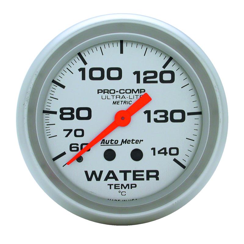 Auto Meter Ultra-Lite Series - Water Temperature Gauge - Mechanical Movement - Incl 1/2in NPT Adapter/Fitting - Incl 6ft Capillary Tube - Incl Bulb & Socket 3220 - Incl Light Covers Red 3214 & Green 3215 - Incl Mounting Hardware 3245 4431-M