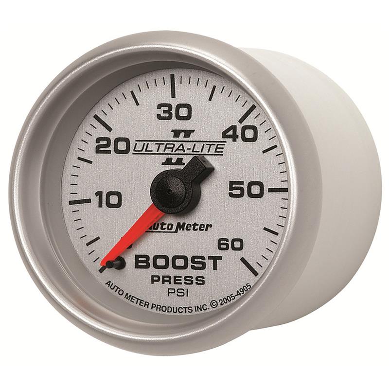 Ultra-Lite II Series - Boost Gauge - Mechanical Movement - Incl 1/8in NPT Male to 1/8in Compression Fitting, 1/8in NPT Female to 1/8in Compression Fitting, 1/8in NPT to 1/4in NPT Bushing - Incl 10ft Nylon Tubing - Incl Mounting Hardware 2230 4905