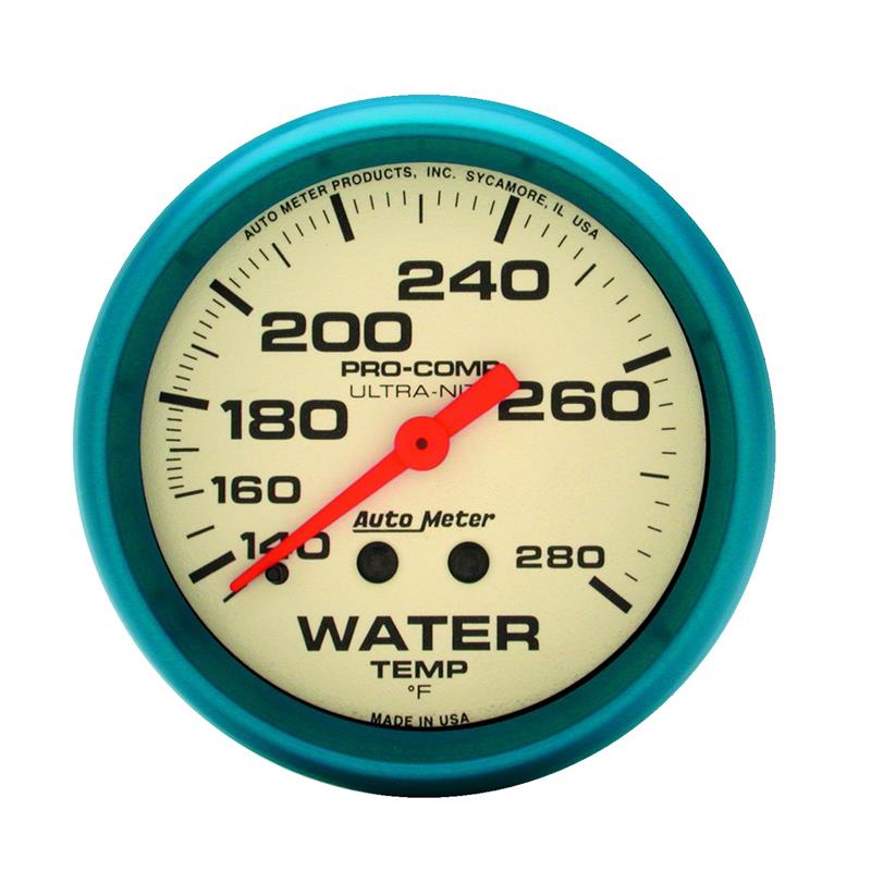 Auto Meter Ultra-Nite Series - Water Temperature Gauge - Mechanical Movement - Incl 1/2in NPT Adapter/Fitting - Incl 6ft Capillary Tube - Incl Mounting Hardware 3245 4531