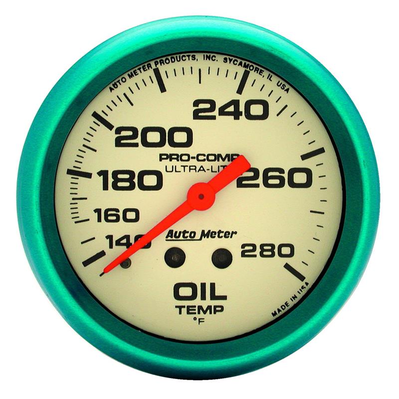 Auto Meter Ultra-Nite Series - Oil Temperature Gauge - Mechanical Movement - Incl 1/2in NPT Adapter/Fitting - Incl 6ft Capillary Tube - Incl Mounting Hardware 3245 4541