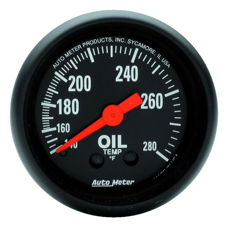 Auto Meter Z-Series Series - Oil Temperature Gauge - Mechanical Movement - Incl 1/2in NPT Adapter/Fitting - Incl 6ft Capillary Tube - Incl Bulb & Socket 3220 - Incl Light Covers Red 3214 & Green 3215 - Incl Mounting Hardware 2230 2609