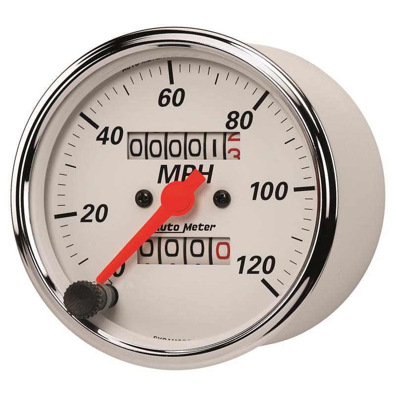 Auto Meter Arctic White Series - Speedometer - Mechanical Movement - Incl Bulb & Socket 3220 - Incl Light Covers Red 3214 & Green 3215 - Incl Mounting Hardware Bracket Included 1396