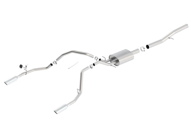 Borla Cat-Back ATAK Exhaust System - 3.5 in. Into Muffler Dual 2.25 in. Out - Incl. Conn. Pipes/Muffler/Hardware/4 in. Round x 14 in. Long Single Rolled Angle Cut Tip - Split Rear Exit 140572