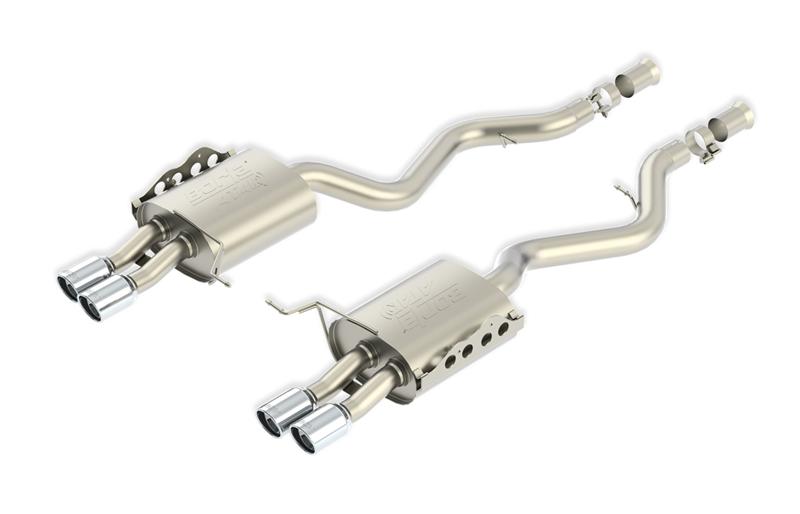 Borla Cat-Back ATAK Exhaust System - 3 in. Into Dual 2.25 in. Out - Incl. Connecting Pipes/Mufflers/Hardware/4 in. Single Round Rolled Angle-Cut Tip - Black Chrome - Split Rear Exit 140616BC