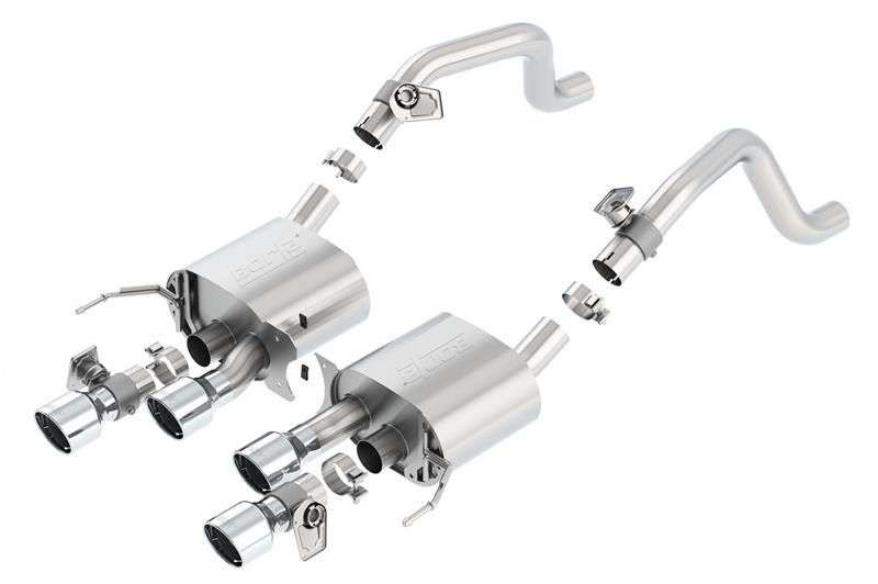 Borla S-Type Rear Section Exhaust System - 2.75 in. Into 2.75 in. - Incl. Conn. Pipes/Mufflers/Hardware/4.25in. x 6.13in. Dual Round Rolled Angle-Cut Intercooled Tip - QuadCenterRearExit 11855