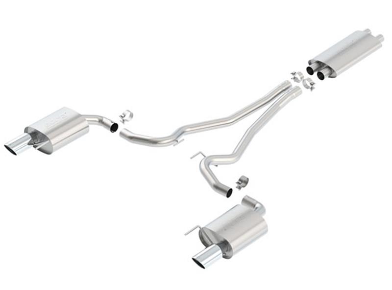 Borla Touring Cat-Back Exhaust System - 2.5 in. In/Out - Incl. Connecting Pipes/Mufflers/Hardware - 4 in. Round Single Rolled Angle Cut Tip - Split Rear Exit 1014040