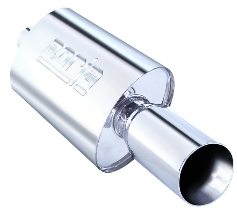 Borla Boomers Thumper Muffler - Center/Center - 2.25 in. Inlet - 4 in. Round Tip - 14 in. x 4.5 in. x 7.88 in. Case Size - Oval Body - T-304 Stainless Steel 40057