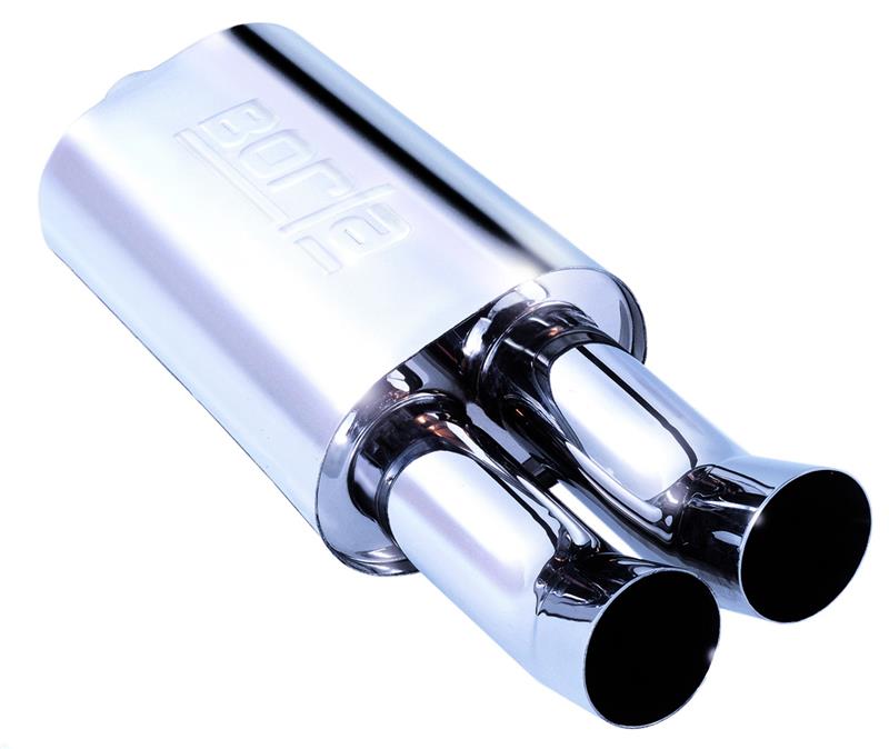 Borla Boomers Spit Fire Muffler - Center/Dual - 2.25 in. Inlet - 14 in. x 8.5 in. x 5.5 in. Case Size - 3 in. Dual DTM Tip - Oval Body - T-304 Stainless Steel 40059