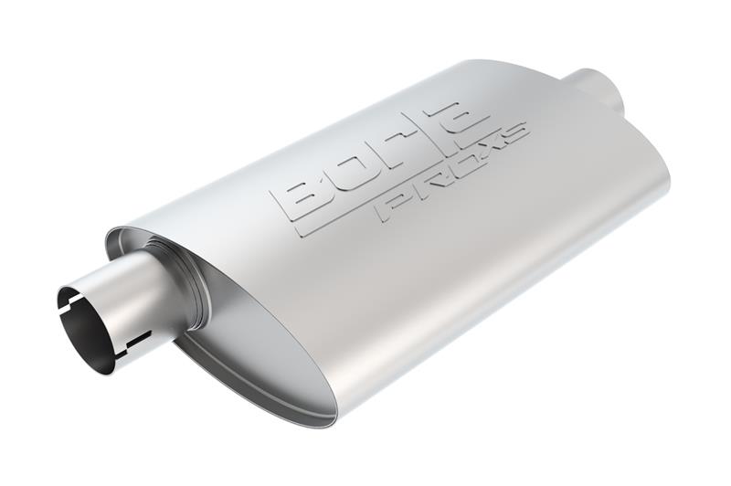 Borla Pro XS Muffler - Center/Offset - 2 in. Offset Inlet - 2 in. Center Outlet - 18 in. Length - 14 in. x 4 in. x 9.5 in. Case Body - Oval - Notched - T-304 Stainless Steel 400476