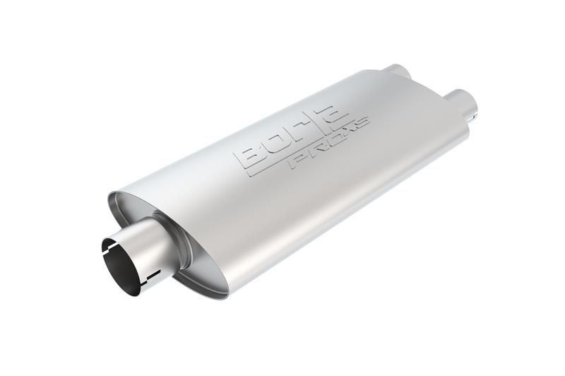 Borla Pro XS Muffler - Center/Dual - 3.0 in. Center Inlet - 2.25 in. Dual Outlet - 19 in. x 4 in. x 9.5 in. Case Body - Oval - Notched - T-304 Stainless Steel 400486