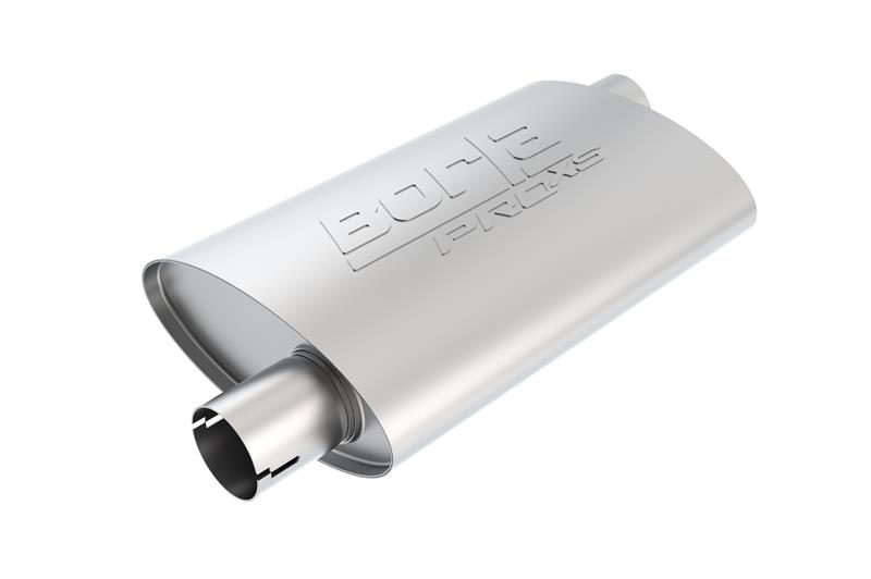 Borla Pro XS Muffler - Offset/Offset - 2.25 in. Offset Inlet - 2.25 in. Offset Outlet - 19 in. x 4 in. x 9.5 in. Case Body - Oval - Notched - T-304 Stainless Steel 400489