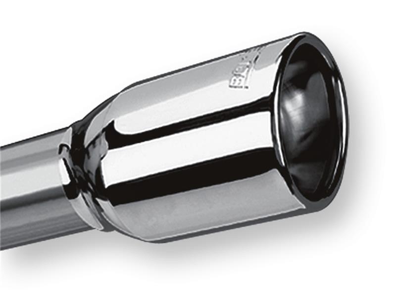 Borla Universal Exhaust Tip - 2.25 in. Inlet - 3.63 in. x 2.75 in. Oval Outlet - 5.63 in. Length - Clamp Included - Single Oval Rolled Angle Cut Lined Embossed - Polished Stainless Steel 20153