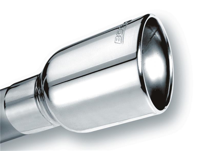 Borla Universal Exhaust Tip - 2.5 in. Inlet - 4.25 in. x 3.5 in. Oval Outlet - 7 in. Length - Clamp Included - Single Oval Rolled Angle Cut Lined Embossed - Polished Stainless Steel 20155