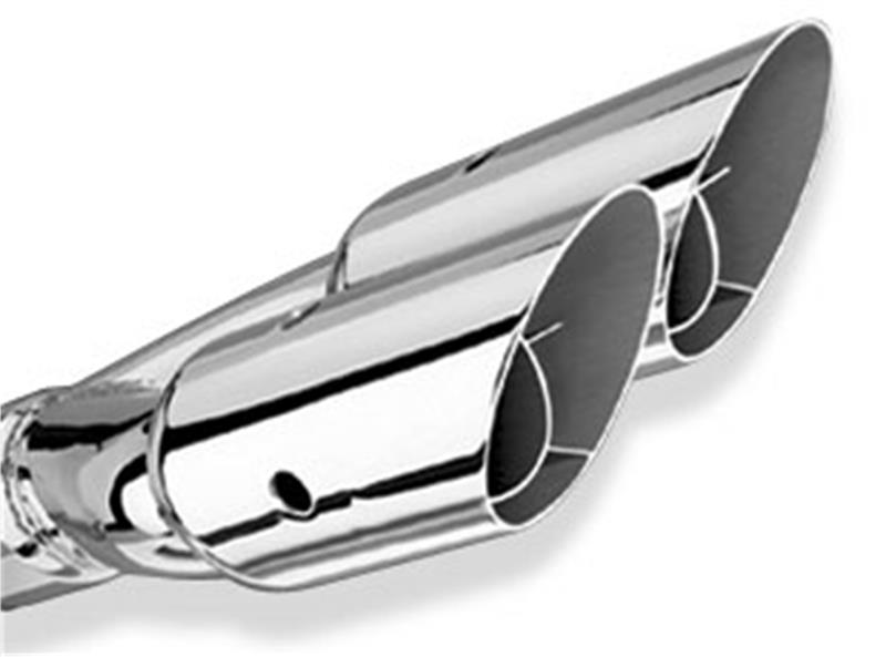 Borla Universal Exhaust Tip - 2.5 in. Inlet - 3 in. Outlet - 14 in. Length - Set Screw Included - Dual Round Angle Cut Intercooled w/Y-Pipe - Polished Stainless Steel 20213
