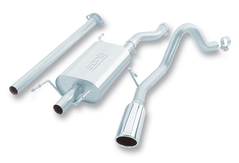 Borla Cat-Back Exhaust System - 2.25 in. In/Out - Incl. Connecting Pipes/Mufflers/Hardware/4 in. Round x 14 in. Long Single Rolled Angle-Cut Tip - Side Exit 140140