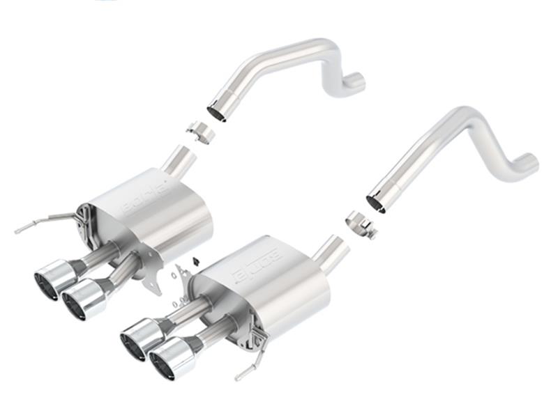 Borla S-Type Rear Section Exhaust System - 2.75in.IntoMufflerDual2in.Out - Incl. Conn.Pipes/Mufflers/Hdw/4.25in.Roundx6.13in. LongDualRolledAngle-CutIntercooledTip - Quad Center Rear Exit 11908