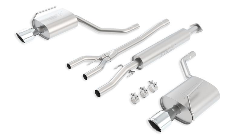 Borla S-Type Cat-Back Exhaust System - Single 2.5in. Into Dual 2in. Out - Incl. Conn.Pipes/Mufflers/Hardware/4.5in. Round x 7.75in. LongSingleRolled Angle-Cut Phantom Tip - SplitRearExit 140386