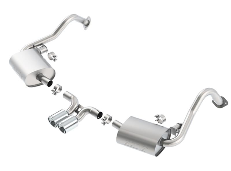 Borla S-Type Cat-Back Exhaust System - 2.25 in. - Incl. Connecting Pipes/Muffler/Hardware - 4 in. Dual Round Rolled Angle-Cut - Dual Center Rear Exit 140534