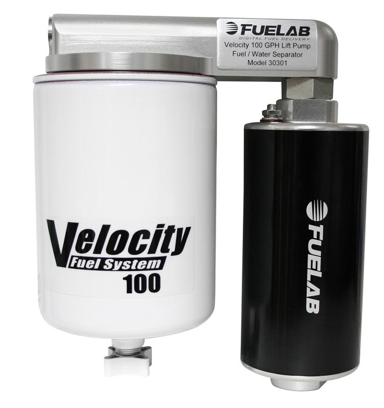 FUELAB Velocity 100 In-Line Lift Pump - Internal Bypass - Pre-Filtration System w/ Fuel/Water Separator & Bracket 30301