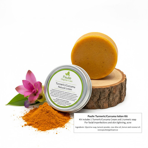 Turmeric/Curcuma lotion Kit ,
Kit includes 1 Turmeric/Curcuma Cream and 1 turmeric soap
 
For facial imperfections and skin lightening, acne
Ingredients: Glycerine soap, turmeric powder, rose water, olive oil, honey, lemon and coconut oil
 
Brightning skintone, for dry skin. For use after shower in the morning as well as at night.
Composition: Sheabutter, Turmeric oil, Tea tree oil, Vitamine E, Tamanu oil, glycerine, it has a high content of pro- Vitamin A, among which the carotenoids dominate.
 
If you have pigmentation and discoloration then using turmeric will surely help. Turmeric is said to lighten pigmentation and even out skin tone. Anti -inflammatory and antiseptic and ideal for treating eczema, and dry or irritated skin.