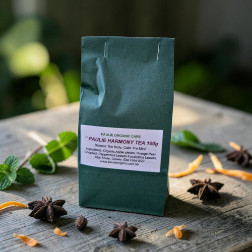 Paulie Harmony Tea 100g
 
BALANCE THE BODY. CALM THE MIND
 
Ingredients: Apple pieces, Blackcurrant leaves organic, Orange peel organic, Ginger pieces organic, Lemongrass chopped organic, Peppermint leaves organic, Eucalyptus leaves organic, Star anise organic, Cloves organic.
 
 
 
How to Prepare
Boil 2 cups  of water
Put 1/2 teaspoon of the tea into a cup
Pour hot water over it
Cover and let it sit for 5–10 minutes
Strain (use a small strainer or spoon to remove leaves)
Drink warm

 