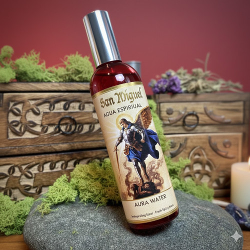 San Miguel - Spiritual water / Aura water 207ml

San Miguel water has an invigorating scent with fresh spicy notes. It is a bit like Florida Water but has a slightly fuller character.
Archangel Michael (San Miguel) is perhaps the most popular of the known archangels.

His name means "He who is like God" and Archangel Michael is found in Christian, Muslim and Jewish traditions.
He is considered very powerful and a leader among angels. Archangel Michael is often depicted as a beautiful blonde angel with a drawn sword, which he uses to fight injustice and protect humanity.

Michael is, among other things, the protector of police officers and those who work for a safer and better world.
Archangel Michael is associated with themes such as protection, courage, strength and self-confidence. Properties that also belong to the color red and base chakra.
San Miguel water can be used to cleanse and bless spaces, places, around the Aura and one's own energy field.

A wonderful scent to get in the right mood before meditation or to get in touch with your power and strength.

Usage:
Used as a room or aura spray
For best effect, use a spray bottle.
Spray in the room to get a lovely and pleasant scent.
Spray around the body, take a few deep breaths and "smear" your hands (about 10cm from the body) around the body. At the same time, think that you are cleansing and removing things you do not want in your energy system.