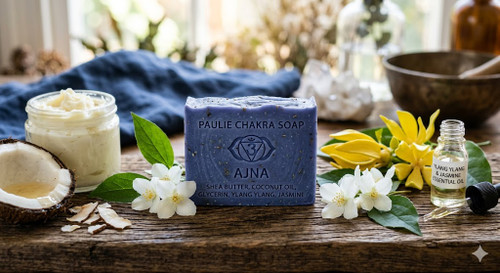 Paulie Chakra Soap - Ajna

Color (Indigo/Violet)Traditionally associated with the Third Eye to stimulate imagination.
Scent Profile Deeply floral and calming; helps quiet the "chatter" of the mind.
Best Used For Evening showers, pre-meditation rituals, or when you need a mental reset.

Ingredients: Shea Butter, Coconut oil, Glycerin, Ylang Ylang and Jasmine.

Third Eye Affirmations
Repeat these (silently or aloud) as you build up the lather. Focus on the space between your eyebrows:
"I trust my intuition and follow its lead."
"I am open to new ideas and a higher perspective."
"My mind is clear, focused, and calm."
"I see the truth in all situations."
"I am connected to my inner teacher."