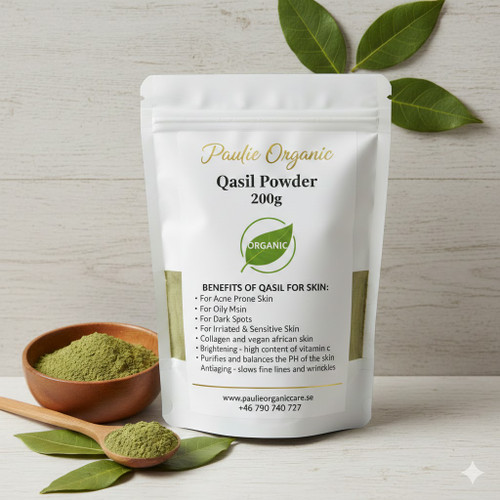 Paulie Organic Qasil Powder 200g

Qasil powder comes from the leaves of the gob tree native from Somalia.
You can use Qasil as an everyday cleanser to get rid of the accumulated oil and grime in the pores.
BENEFITS OF QASIL FOR SKIN:
For Acne Prone Skin,For Oily Skin , For Dry Skin,For Dark Spots,
For Irritated & Sensitive Skin, Collagen and vegan african skin, 
 Brightening- its high content of vitamin c makes it a brightening agent,  Purifies and balances the pH of the skin.
 Antiaging- ability to slow down the aging process by preventing the appearance of fine lines and wrinkles.
 
HOW TO USE QASIL AS A FACE CLEANSER?
 Brightening face mask
Qasil powder + turmeric powder + lemon juice + rice water
 Acne prone skin mask
Qasil powder + tea tree oil + olive oil + turmeric powder + lemon juice
 
 
Wet your face
With clean hands apply a small amount of qasil powder to the palm of your hands
Add a little water
Rub your hands together
Apply it directly on damp skin
Massage in circular motion for about 1-2 minute
Don’t forget your neck as well
The more you massage your skin the more foamy lather it produces
Rinse with lukewarm water
Moisturise