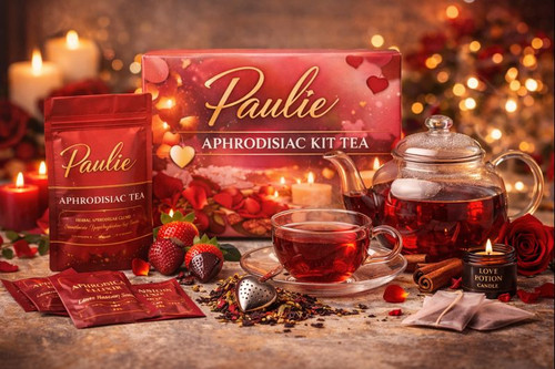 The Paulie Aphrodisiac Kit Tea is a carefully curated herbal infusion designed to create a warm, romantic atmosphere.
Made with selected botanicals traditionally associated with relaxation and vitality, this tea invites you to slow down, connect, and enjoy shared moments.

Perfect for evenings of closeness, self-care rituals, or special occasions.

