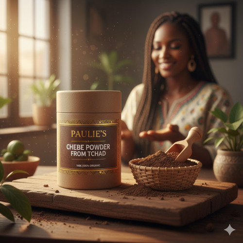 PAULIE'S CHEBE POWDER FROM TCHAD 100G
 
GET CHEBE POWDER FOR HAIR GROWTH 
Chebe powder can help your growth and hair maintenance a lot. You can even use it constantly for your natural ingredient routine. 
However you use it, Chebe powder is going to revitalize hair. Enjoy the natural hair process, and love the weave you grow. 
 
WHAT IS CHEBE POWDER 
Chebe powder is a common name for specific ingredients mixtures. The product originates from Cheba, where women use it to braid their hair traditionally. 
In Chad, women mix the powder in their hair to keep it waist-long and braided. For women in the natural hair community, Chebe powder help to maintain and nurture the hair. 
Here is what Chebe powder can do for your natural hair.
 
Hair Growth
 
 
 Strength and Elasticity
 
Thickness and Volume
 
STRENGTHEN YOUR HAIR 
 
CLEANSE YOUR HAIR 
 
MAINTAIN SCALP HEALTH 
 
MOISTURIZE YOUR HAIR 
 
REMEDY DRY DAMAGED HAIR
 
MAINTAIN NATURAL HAIR 
 
Moisture Retention
 
Natural Ingredients: Many users appreciate that Chebe powder is made from natural ingredients and is free from harsh chemicals or artificial additives. This can make it a gentler option for those with sensitive scalps or hair.
 
 
It is made from natural ingredients, primarily the seeds of the Croton Zambesicus plant, also known as Lavender Croton. The powder is mixed with other ingredients like mahllaba soubiane seeds, cloves, and cherry kernels, among others, to form a paste that is applied to the hair.
 
 
In its original purpose, Chebe powder purpose is to protect long hair. To get the most out of this natural protection, you have to apply it deeply to your hair.
Chebe powder enhances each strand, improving the overall volume of your hair. Natural hair experts recommend it for the hair extending down to the back and waist. 
The hair maintenance becomes harder the longer natural hair is. Hair maintenance becomes much easier when you have the product you can apply during the shower. 
Natural hair gains a higher quality when you maintain it with a routine. Cheba powder is excellent for this since you can mix it with any other hair product. 