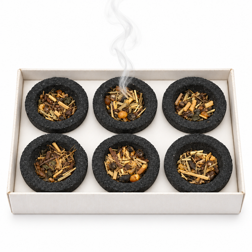 Cleaning House Incense

When tree sap begins to flow over the bark, it becomes firm and sticky
this is what we call raw resin. Once it has fully hardened, it is referred to simply as resin:
small, hard pieces of solidified sap. Here, the resin is combined with a blend of dried aromatic botanicals in a charcoal bowl.
Sambrani is the Indian equivalent of benzoin. It is a resin with a sweet,
balsamic vanilla scent that soothes and comforts, much like a warm hug.

"Cleaning House" is a blend of resins and botanicals traditionally used to clear
away stagnant energy and create a fresh, revitalizing atmosphere a wonderful blend for use in the home.
Place the bowl on a heat-resistant surface or on a bed of incense sand. Light the rim of the bowl;
the glowing ember will naturally spread across the bowl, and the heat will release smoke from the resins and botanicals.