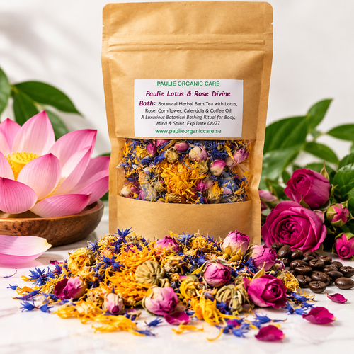 Paulie Lotus & Rose Divine Bath
 
Botanical Herbal Bath Tea with Lotus, Rose, Cornflower, Calendula & Coffee Oil
 
A Luxurious Botanical Bathing Ritual for Body, Mind & Spirit
 
Let the flowers embrace your body, calm your senses, and transform your bath into a sacred moment of self-love.
Experience the elegance of nature with Paulie Lotus & Rose Divine Bath, a luxurious botanical herbal bath tea handcrafted with a beautiful selection of flowers and coffee oil.
This exquisite blend combines delicate Lotus Flowers, Garden Rose Petals, Blue Cornflowers, Calendula Blossoms, and Coffee Oil to create a soothing, indulgent bathing experience.
 
Inspired by the beauty of botanical traditions, this floral bath invites you to slow down, reconnect with yourself, and enjoy a peaceful moment away from the demands of everyday life.
How to Use
Fill your bathtub with comfortably warm water.
Place the recommended amount of herbal bath blend into a reusable bath sachet.
Allow the botanicals to infuse into the warm bathwater.
Immerse yourself and enjoy a peaceful moment of relaxation.
After bathing, rinse the tub thoroughly to remove any botanical or oil residue.
Your Divine Bath Affirmation
“I release the weight of the day. I welcome peace into my heart, beauty into my life, and love into every part of my being. Like the lotus, I rise, renew, and bloom.”
Ingredients
Blue Cornflower (Centaurea Cyanus Flower), Calendula (Calendula Officinalis Flower), Coffee Oil (Coffea Arabica Seed Oil), Garden Rose Petals (Rosa spp. Flower), Lotus Flowers (Nelumbo Nucifera Flower)
 
For external use only. Avoid contact with eyes and broken or irritated skin. Discontinue use if irritation occurs. Oils may make the bathtub slippery.
 