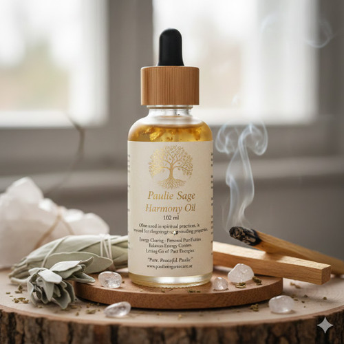 Paulie Sage Harmony Oil 102 ml
 
Often used in spiritual practices, is revered for
its cleansing, protective, andgrounding. properties.
Energy Clearing-Personal
Purification-Balances Energy Centers-Letting Go of Past Energies.
 
“Pure. Peaceful. Paulie.”