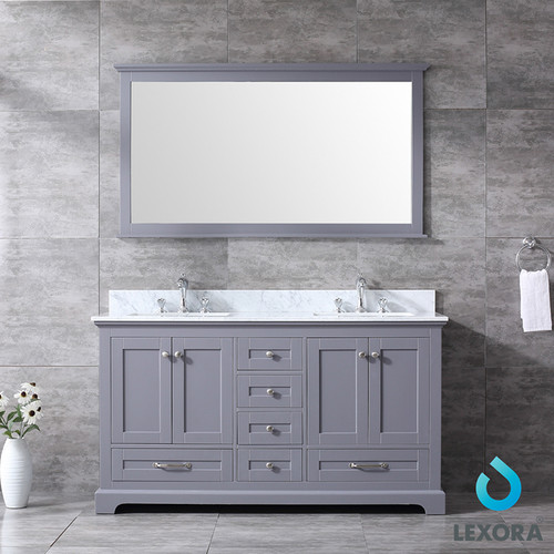 Dukes 60" Double Vanity, White Carrara Marble Top, White Square Sinks and 58" Mirror Dukes 60" Double Vanity, White Carrara Marble Top, White Square Sinks and 58" Mirror