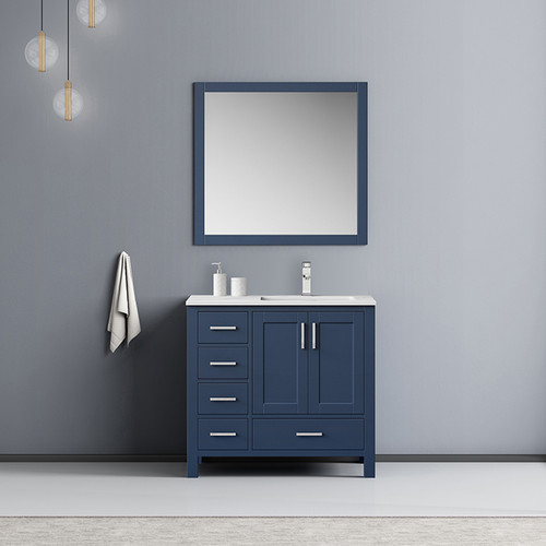 Jacques 36" Single Vanity, White Carrara Marble Top, White Square Sink and 34" Mirror Jacques 36" Single Vanity, White Carrara Marble Top, White Square Sink and 34" Mirror