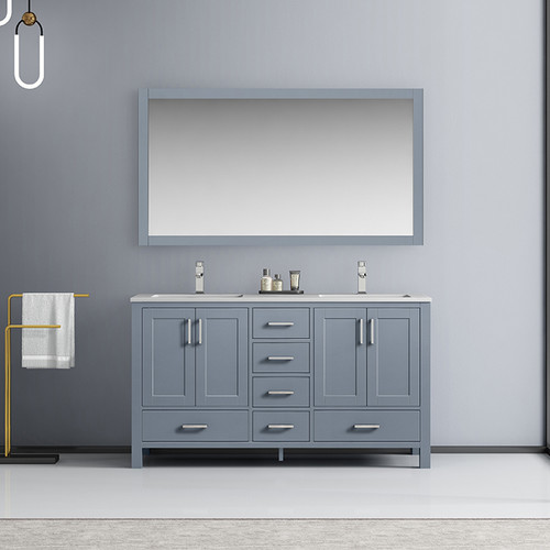 Jacques 60" Double Vanity, White Carrara Marble Top, White Square Sink and 58" Mirror Jacques 60" Double Vanity, White Carrara Marble Top, White Square Sink and 58" Mirror