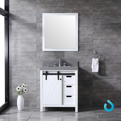 Marsyas 30" Single Vanity, Grey Quartz Top, White Square Sink and 28" Mirror Marsyas 30" Single Vanity, Grey Quartz Top, White Square Sink and 28" Mirror
