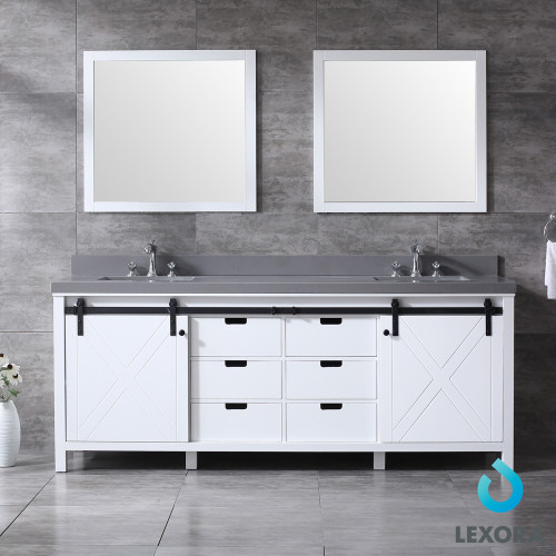 Marsyas 84" Double Vanity, Grey Quartz Top, White Square Sinks and 34" Mirrors Marsyas 84" Double Vanity, Grey Quartz Top, White Square Sinks and 34" Mirrors