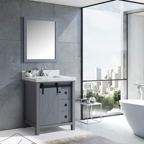 Marsyas Veluti 30" Single Vanity, White Carrara Marble Top, White Square Sink and 28" Mirror Marsyas Veluti 30" Single Vanity, White Carrara Marble Top, White Square Sink and 28" Mirror