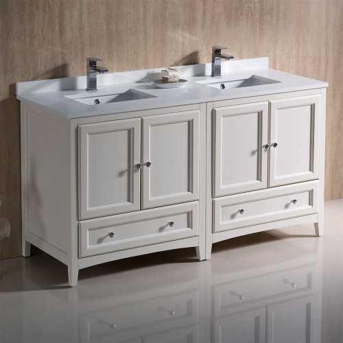 Oxford 60" Antique White Traditional Double Sink Bathroom Cabinets w/ Top & Sinks Oxford 60" Antique White Traditional Double Sink Bathroom Cabinets w/ Top & Sinks