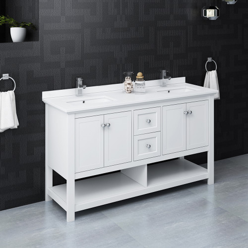 Manchester 60" White Traditional Double Sink Bathroom Cabinet w/ Top & Sinks Manchester 60" White Traditional Double Sink Bathroom Cabinet w/ Top & Sinks