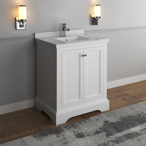 Windsor 30" Matte White Traditional Bathroom Cabinet w/ Top & Sink Windsor 30" Matte White Traditional Bathroom Cabinet w/ Top & Sink