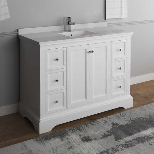 Windsor 48" Matte White Traditional Bathroom Cabinet w/ Top & Sink Windsor 48" Matte White Traditional Bathroom Cabinet w/ Top & Sink