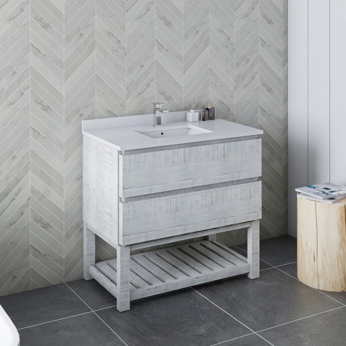 Formosa 36" Floor Standing Open Bottom Modern Bathroom Cabinet w/ Top & Sink in Rustic White Formosa 36" Floor Standing Open Bottom Modern Bathroom Cabinet w/ Top & Sink in Rustic White