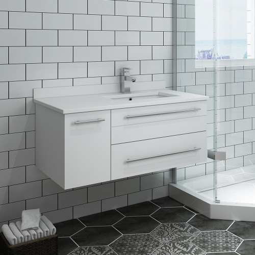Lucera 36" White Wall Hung Modern Bathroom Cabinet w/ Top & Undermount Sink - Right Version