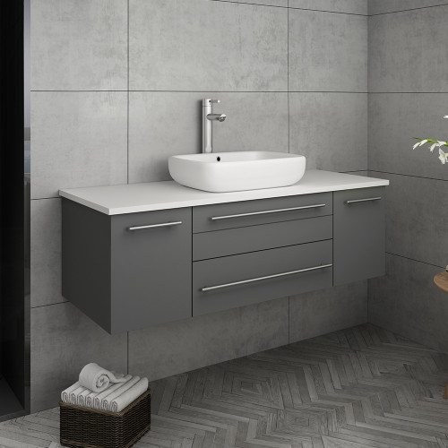 Lucera 48" Gray Wall Hung Modern Bathroom Cabinet w/ Top & Vessel Sink