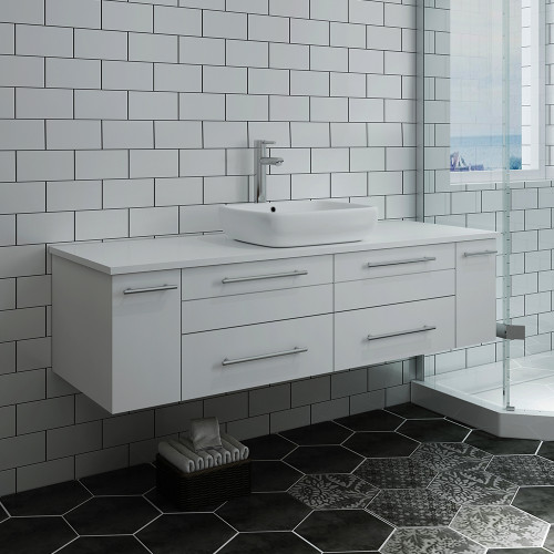 Lucera 60" White Wall Hung Modern Bathroom Cabinet w/ Top & Single Vessel Sink Lucera 60" White Wall Hung Modern Bathroom Cabinet w/ Top & Single Vessel Sink