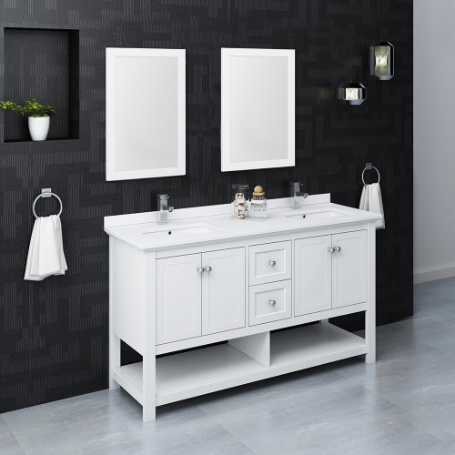 Manchester 60" White Traditional Double Sink Bathroom Vanity w/ Mirrors Manchester 60" White Traditional Double Sink Bathroom Vanity w/ Mirrors