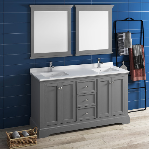 Windsor 60" Gray Textured Traditional Double Sink Bathroom Vanity w/ Mirrors Windsor 60" Gray Textured Traditional Double Sink Bathroom Vanity w/ Mirrors